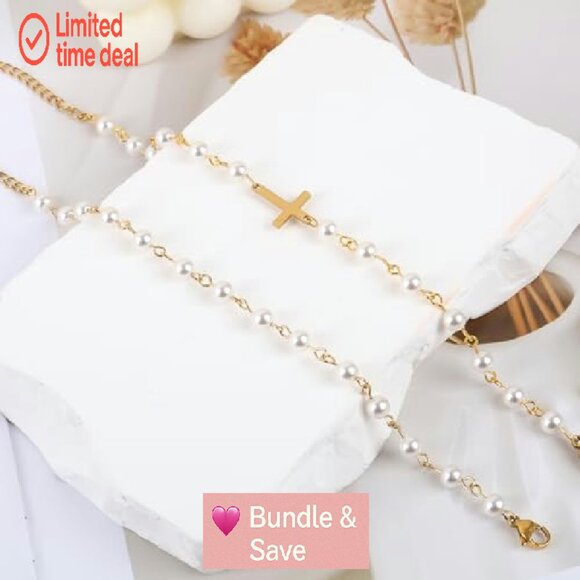 18K Gold-Plated Pearl Cross Rosary Bracelet, Hypoallergenic, 6.7" - Picture 4 of 8